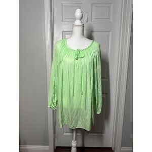 Vince Camuto 1X plus size pleated green peasant blouse balloon sleeve tunic top